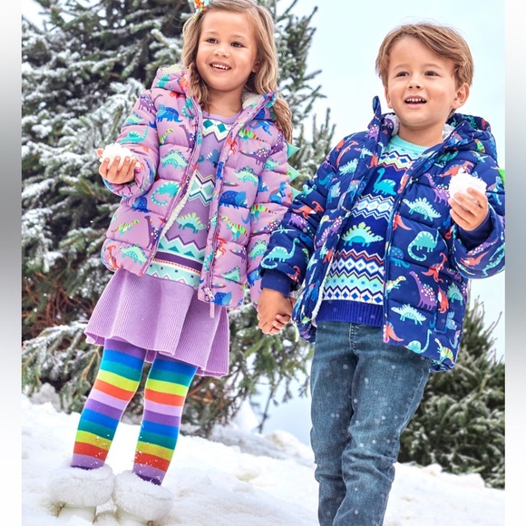 💜 Girls Dinosaur Puffer Jacket - Dino Friends - Violet twist FREE DINO TIGHTS - Picture 1 of 5